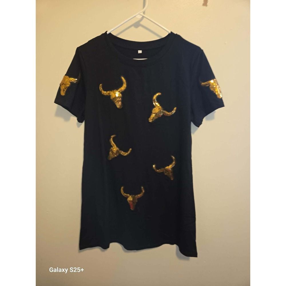 Sequin Bull Skull T-Shirt Women Large Black NWT Western Boho